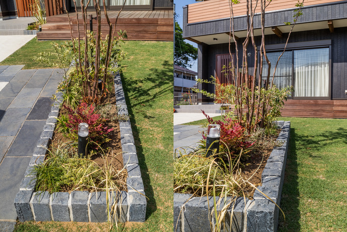 アプローチを玄関に向かって歩いて行くと、右手にピンコロ石で作った花壇スペースが見えます。こちらもアプローチ同様、自然石で造作し色味も合わせてあります。シンボルツリーとして植えた株立ちの木は落葉ですので、季節の移り変わりを楽しむことができ、植栽を世話する楽しみも増えていきます。 garden-reform-hashimura010