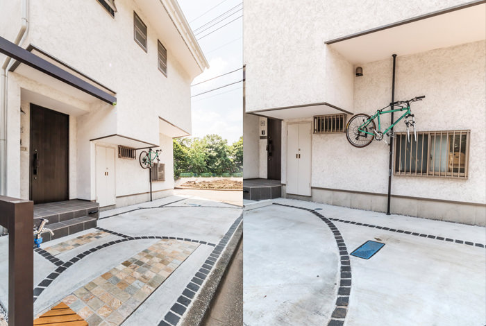敷地と道路を隔てるものは建てず、すっきりと開放感あふれる前庭を目指しました。施主様ご自慢のロードバイクは後付けの柱の上部に取り付けることで盗難防止になっています。 garden-reform-higuchi003