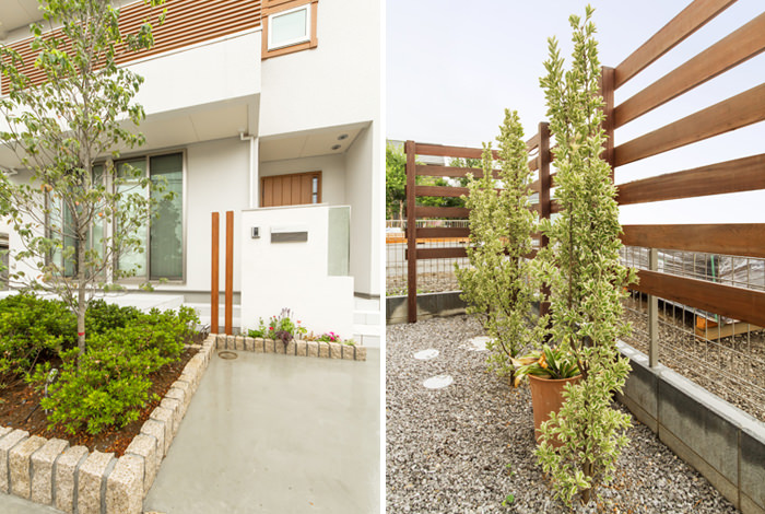 お住まいの裏側には隙間を広めに取ったウッドフェンスでナチュラルテイストに仕上げました。斑入りのマサキを植えて彩りもアップしました。 《新築エクステリア工事写真集》-水越様邸-06