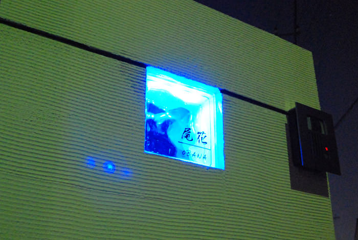 夜になると門まわりは一変し、青い光が辺りを淡く照らします。ガラスブロックにネームを彫り込み、LEDのバーライトで周囲を巻いて埋め込みました。他のお庭には無い秀逸な表札ですね。 《新築エクステリア工事写真集》-尾花様邸-13