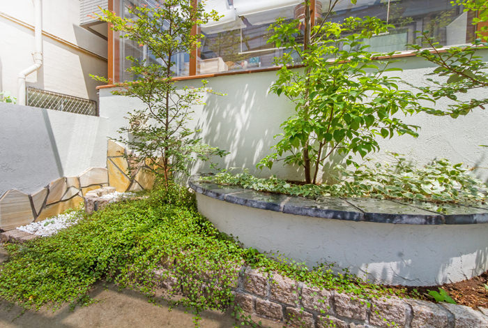 半円型の花壇には落葉樹を植え、周りにもグラウンドカバーをふんだんに植えました。初夏にかけて庭中が緑に彩られます。
《ガーデンリフォーム工事写真集》-大久保様邸-09