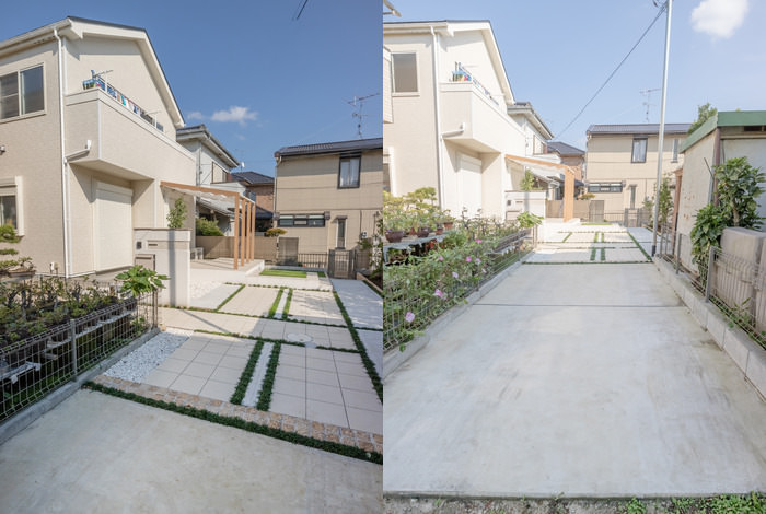 旗竿地は駐車場を兼ねた細い通路を経た先に敷地があるので、通常は通路の先には土地を区切るように門扉などを作りがちです。今回は広いスペースを活かすため、あえて仕切るものを設けずお庭まで一直線にしました。白を基調とした爽やかなお庭なので、構造物で囲って外から見えないのはもったいないですね。