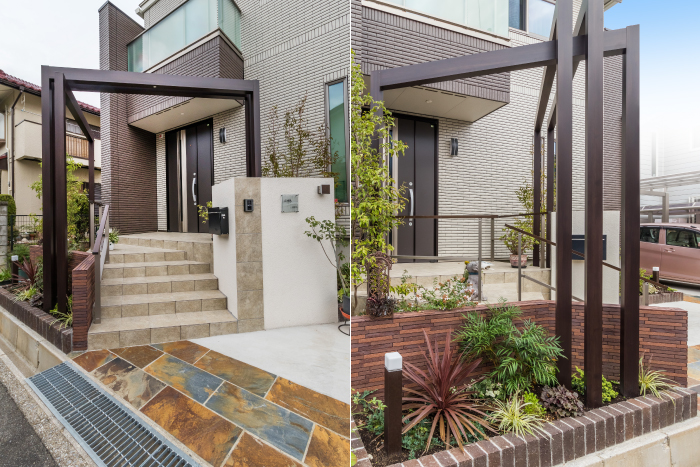 斜めに配置したゲートとサビ色の天然石が織りなすオープンエクステリア 小嶋様邸 癒樹工房 ゆうきこうぼう